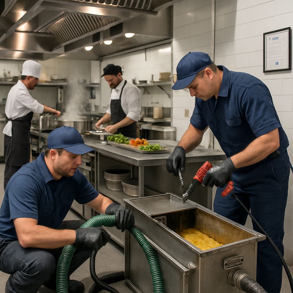 The image features a wellorganized commercial kitchen bustling with activity In the foreground a team of professional technicians in uniforms is seen-1